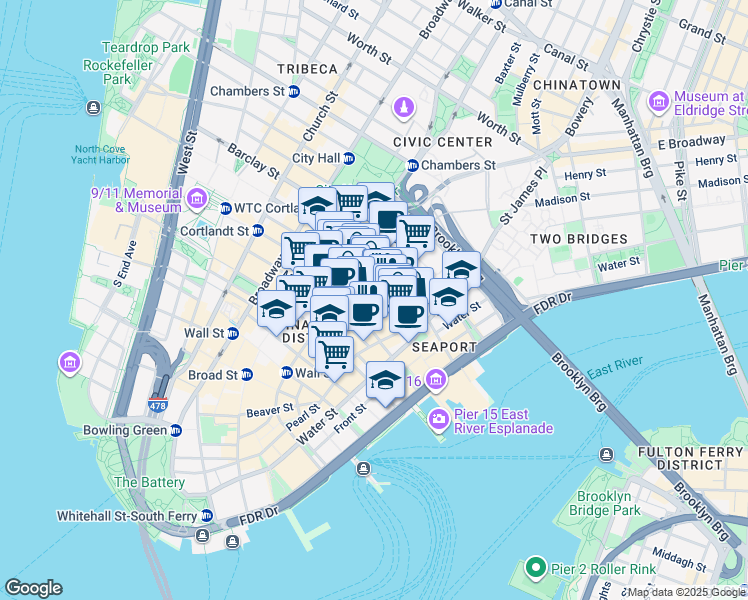 map of restaurants, bars, coffee shops, grocery stores, and more near 40 Gold Street in New York
