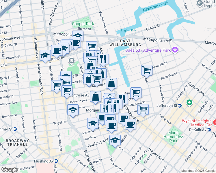 map of restaurants, bars, coffee shops, grocery stores, and more near 131 Morgan Avenue in Brooklyn