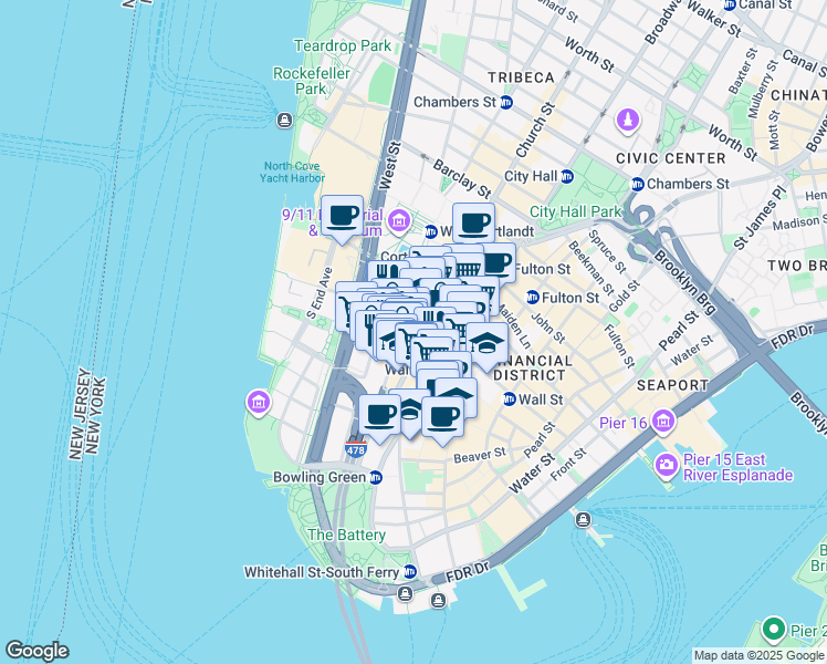 map of restaurants, bars, coffee shops, grocery stores, and more near 78 Trinity Place in New York