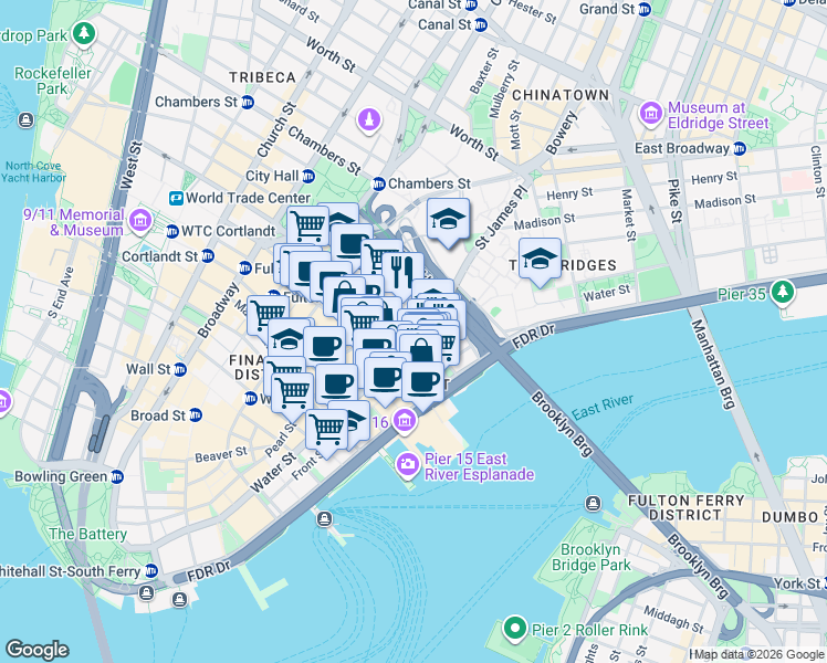 map of restaurants, bars, coffee shops, grocery stores, and more near in New York