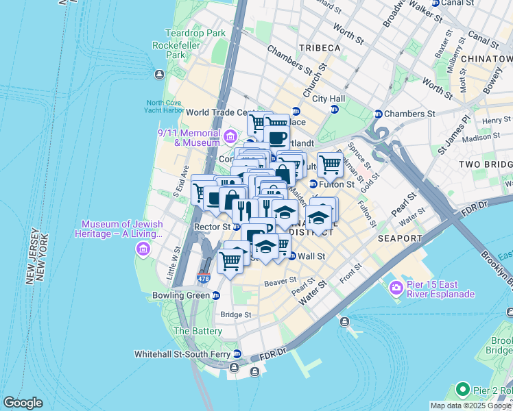map of restaurants, bars, coffee shops, grocery stores, and more near 75 Broadway in New York