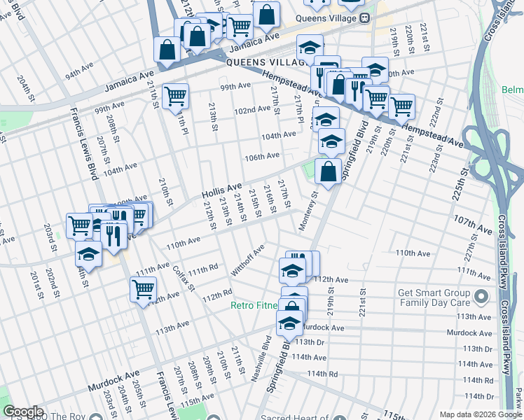map of restaurants, bars, coffee shops, grocery stores, and more near 109-49 215th Street in Queens