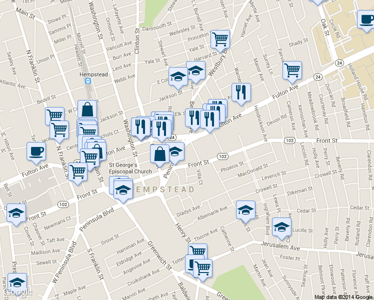 map of restaurants, bars, coffee shops, grocery stores, and more near 17 Peninsula Blvd in Hempstead