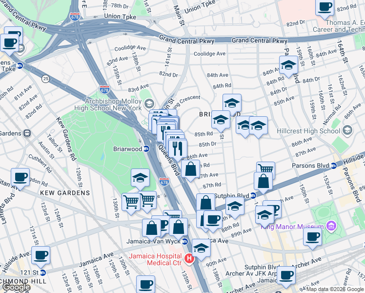 map of restaurants, bars, coffee shops, grocery stores, and more near 139th St & 85th Dr in Queens