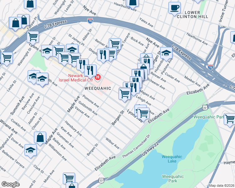 map of restaurants, bars, coffee shops, grocery stores, and more near 32 Harding Terrace in Newark