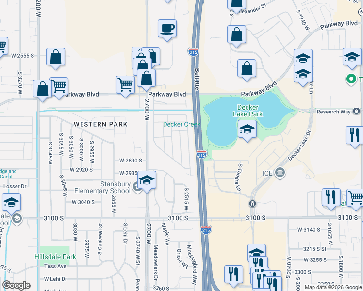 map of restaurants, bars, coffee shops, grocery stores, and more near 2831 South 2540 West in West Valley City