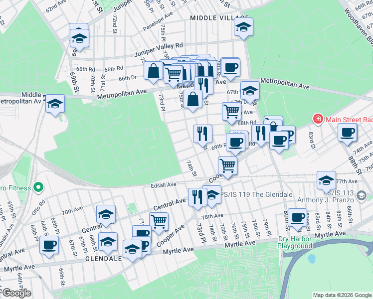 map of restaurants, bars, coffee shops, grocery stores, and more near 69-40 75th Street in Queens
