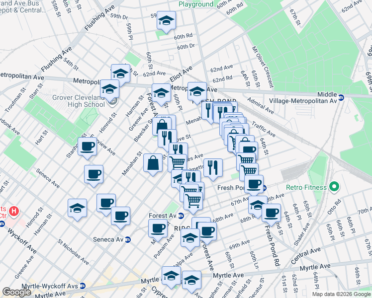map of restaurants, bars, coffee shops, grocery stores, and more near 65-06 60th Place in Queens
