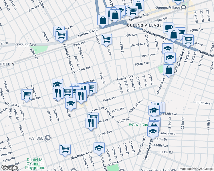map of restaurants, bars, coffee shops, grocery stores, and more near 209-30 Hollis Avenue in Queens
