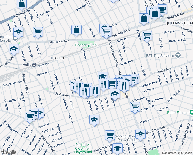 map of restaurants, bars, coffee shops, grocery stores, and more near 104-25 202nd Street in Queens