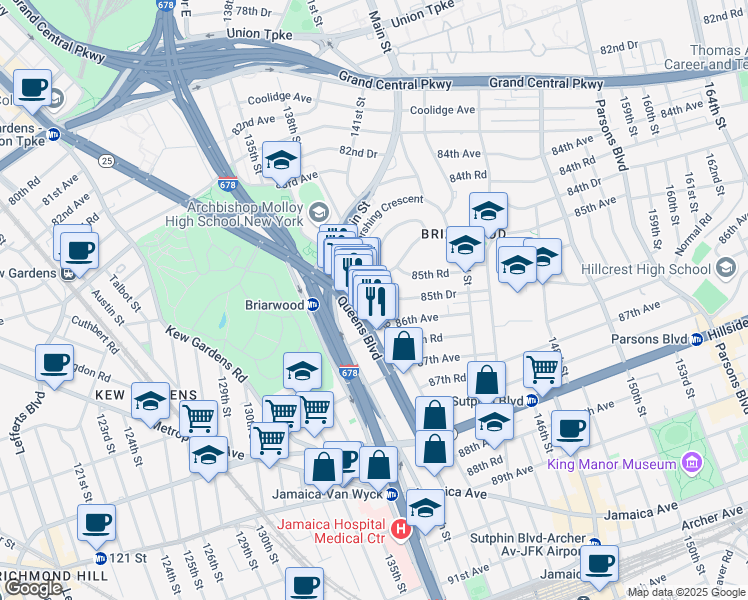 map of restaurants, bars, coffee shops, grocery stores, and more near 85-02 139th Street in Queens