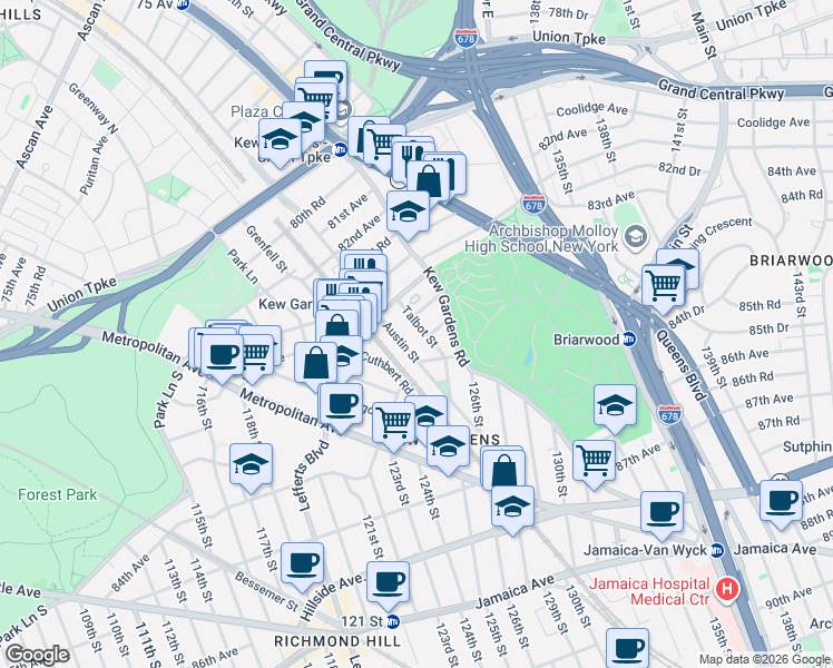 map of restaurants, bars, coffee shops, grocery stores, and more near 33 Austin Street in Queens