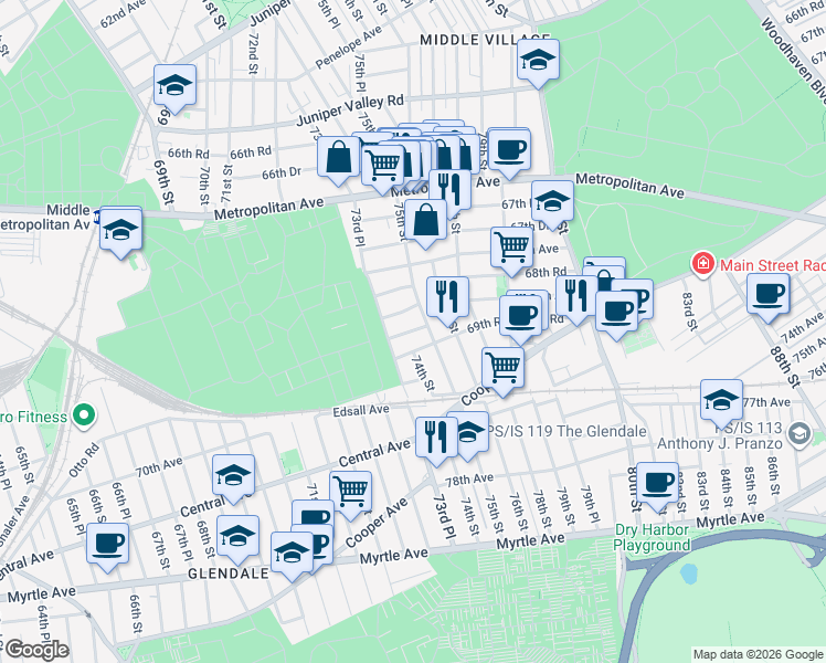 map of restaurants, bars, coffee shops, grocery stores, and more near 69-40 75th Street in Queens
