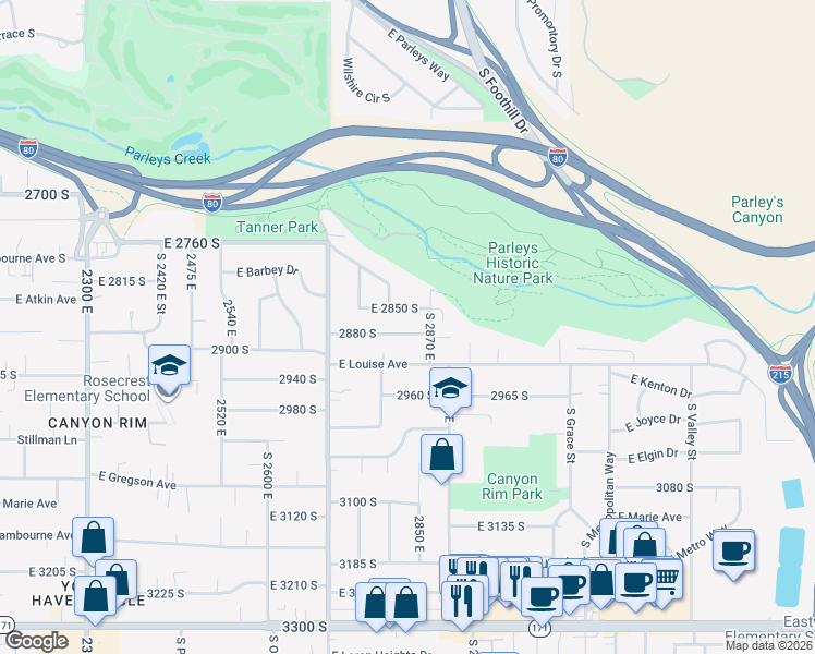 map of restaurants, bars, coffee shops, grocery stores, and more near 2829 2880 South in Salt Lake City