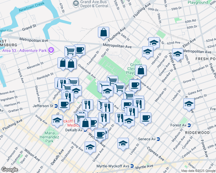 map of restaurants, bars, coffee shops, grocery stores, and more near 311 Onderdonk Avenue in Queens