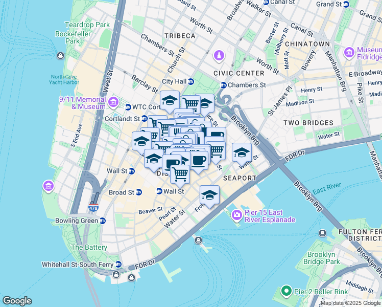 map of restaurants, bars, coffee shops, grocery stores, and more near 110 William Street in New York