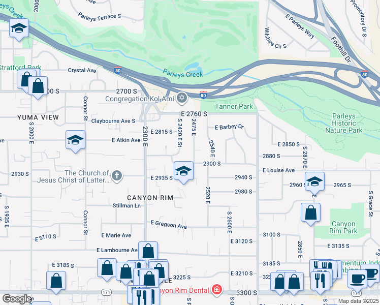 map of restaurants, bars, coffee shops, grocery stores, and more near 2465 East 2900 South in Salt Lake City
