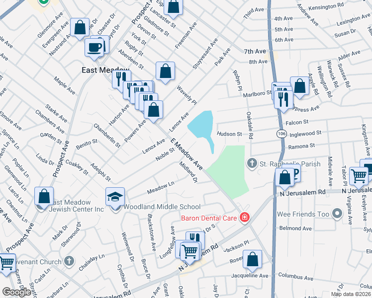 map of restaurants, bars, coffee shops, grocery stores, and more near 674 East Meadow Avenue in East Meadow