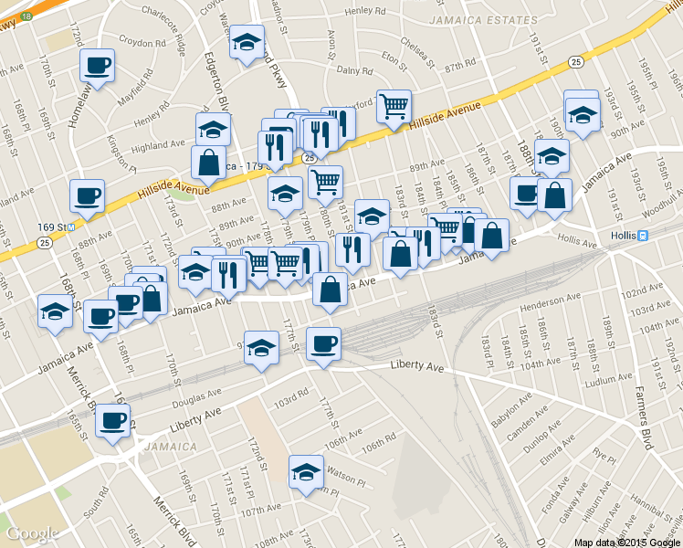 map of restaurants, bars, coffee shops, grocery stores, and more near 180-5 Jamaica Avenue in Queens