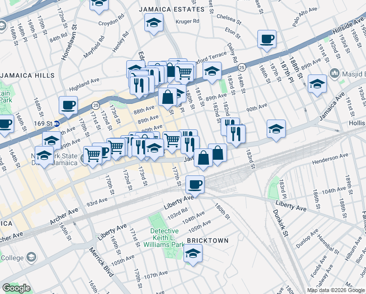 map of restaurants, bars, coffee shops, grocery stores, and more near 90-71 178th Street in Queens
