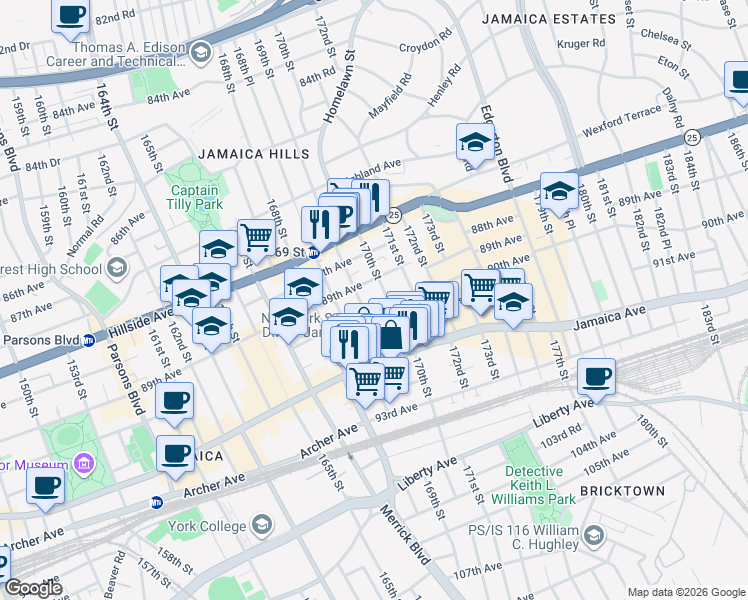 map of restaurants, bars, coffee shops, grocery stores, and more near 169-12 90th Avenue in Queens