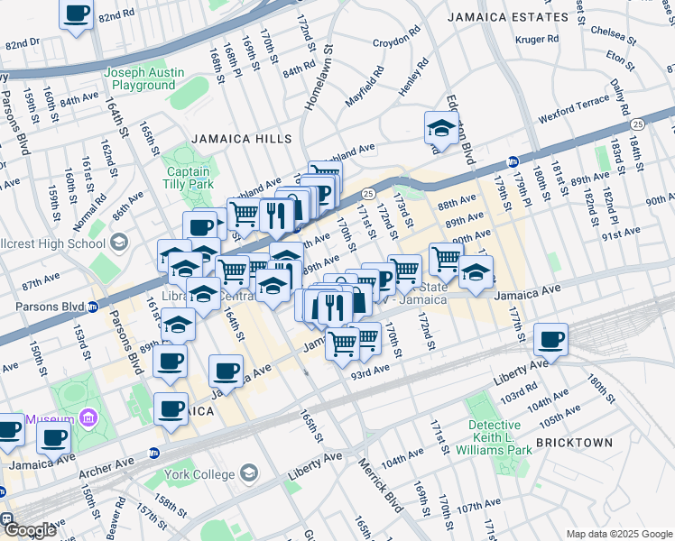 map of restaurants, bars, coffee shops, grocery stores, and more near 89-15 168th Place in Queens