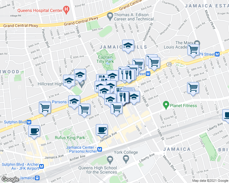 map of restaurants, bars, coffee shops, grocery stores, and more near 87-84 165th Street in Queens