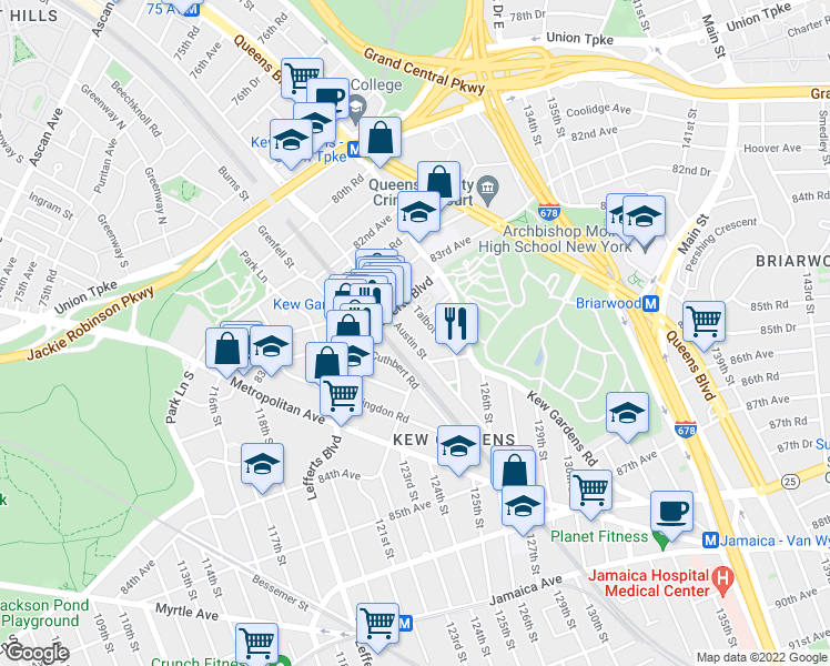 map of restaurants, bars, coffee shops, grocery stores, and more near 83-33 Austin Street in Queens