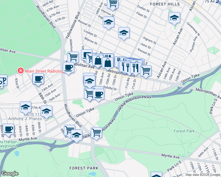 map of restaurants, bars, coffee shops, grocery stores, and more near 70-42 Sybilla Street in Queens