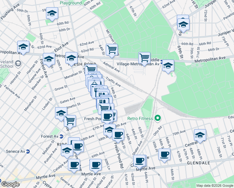 map of restaurants, bars, coffee shops, grocery stores, and more near 61-43 Woodbine Street in Queens