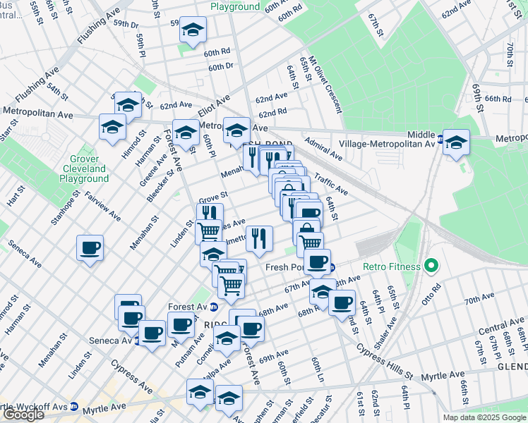 map of restaurants, bars, coffee shops, grocery stores, and more near 60-24 Gates Avenue in Queens