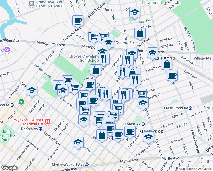 map of restaurants, bars, coffee shops, grocery stores, and more near 20-13 Bleecker Street in Queens