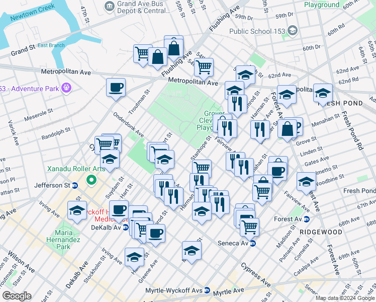 map of restaurants, bars, coffee shops, grocery stores, and more near 1894 Stanhope Street in Queens