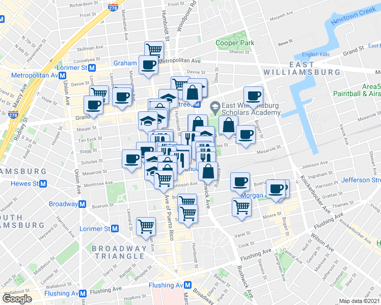 map of restaurants, bars, coffee shops, grocery stores, and more near 195 Meserole Street in Brooklyn