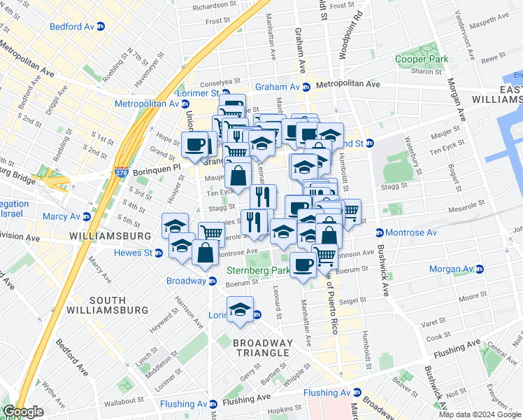map of restaurants, bars, coffee shops, grocery stores, and more near 143 Leonard Street in Brooklyn