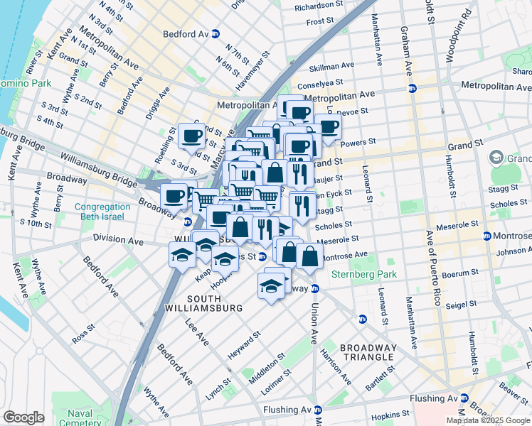 map of restaurants, bars, coffee shops, grocery stores, and more near 350 Hooper Street in Brooklyn