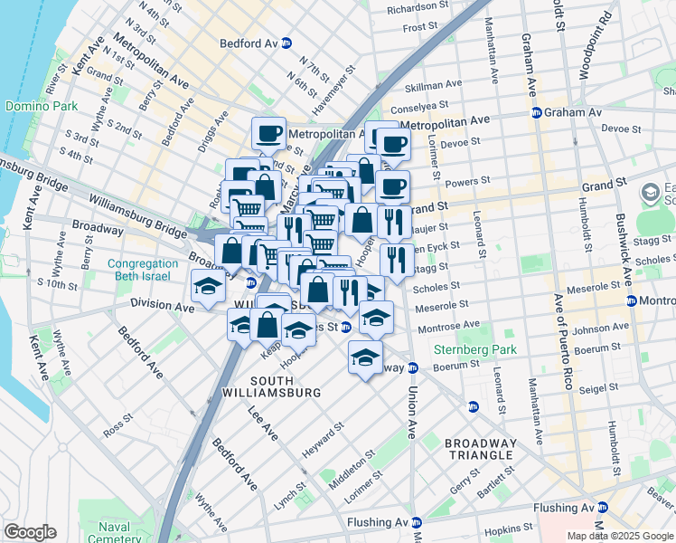 map of restaurants, bars, coffee shops, grocery stores, and more near 338 South 4th Street in Brooklyn