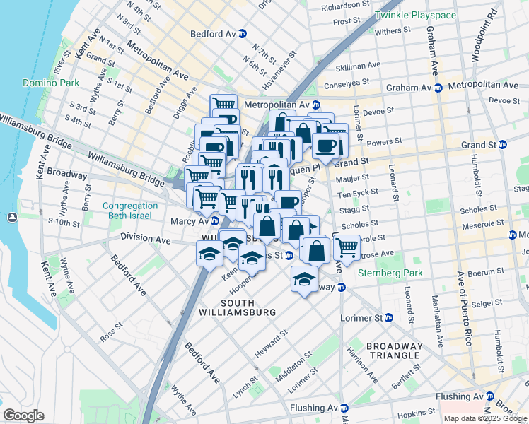 map of restaurants, bars, coffee shops, grocery stores, and more near 338 South 4th Street in Brooklyn
