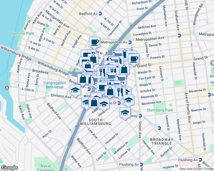 map of restaurants, bars, coffee shops, grocery stores, and more near 338 South 4th Street in Brooklyn