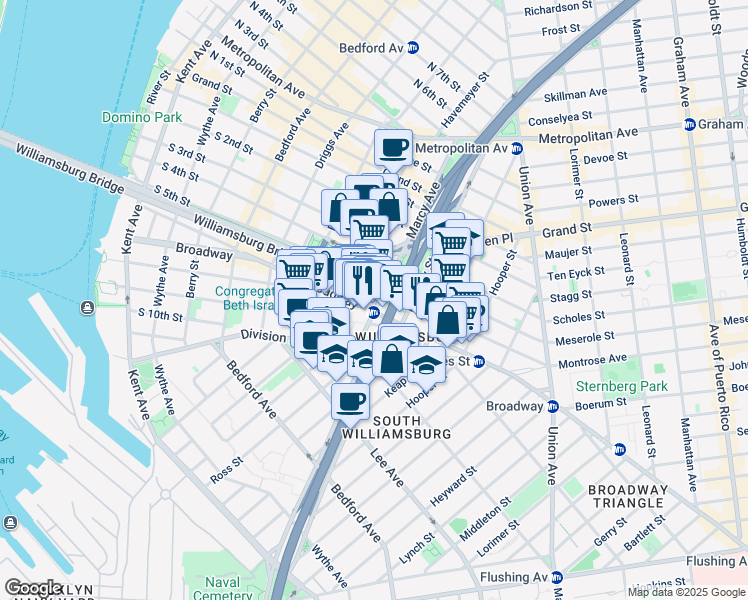 map of restaurants, bars, coffee shops, grocery stores, and more near 312 Broadway in Brooklyn
