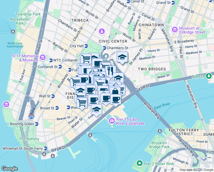map of restaurants, bars, coffee shops, grocery stores, and more near 46 Cliff Street in New York