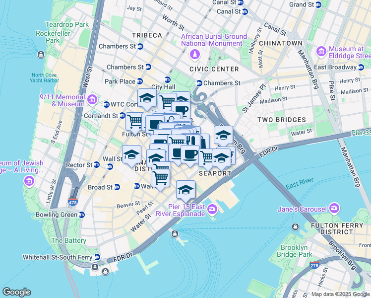 map of restaurants, bars, coffee shops, grocery stores, and more near 25 Cliff Street in New York