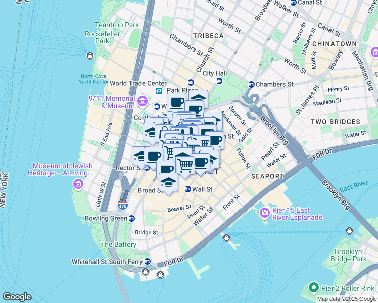 map of restaurants, bars, coffee shops, grocery stores, and more near 48 Wall Street in New York
