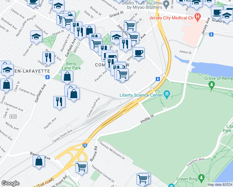 map of restaurants, bars, coffee shops, grocery stores, and more near in Jersey City