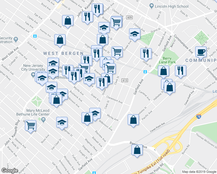 map of restaurants, bars, coffee shops, grocery stores, and more near 131 Clerk Street in Jersey City
