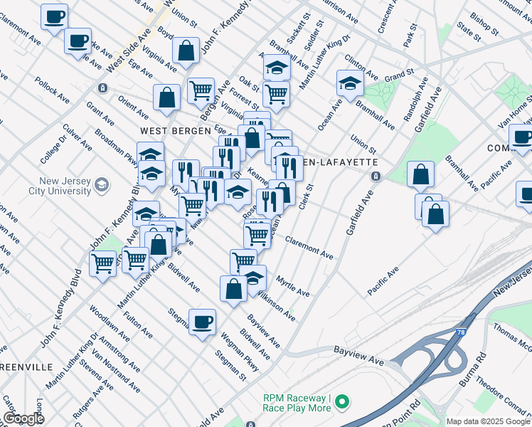 map of restaurants, bars, coffee shops, grocery stores, and more near 645 Ocean Avenue in Jersey City