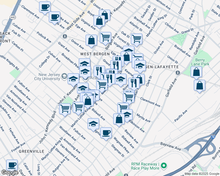 map of restaurants, bars, coffee shops, grocery stores, and more near 146 Myrtle Avenue in Jersey City