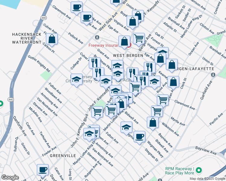 map of restaurants, bars, coffee shops, grocery stores, and more near 176 Bergen Avenue in Jersey City