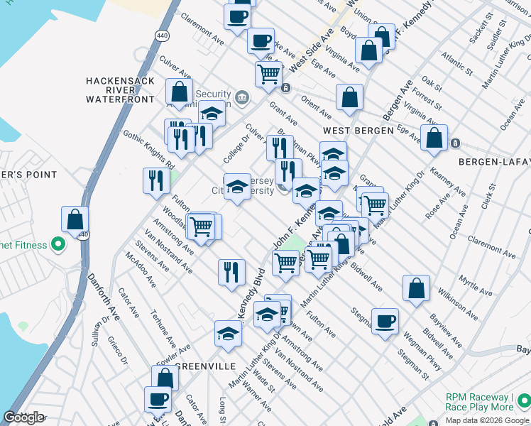 map of restaurants, bars, coffee shops, grocery stores, and more near 317 Stegman Parkway in Jersey City