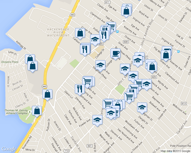 map of restaurants, bars, coffee shops, grocery stores, and more near 339 Stegman Parkway in Jersey City